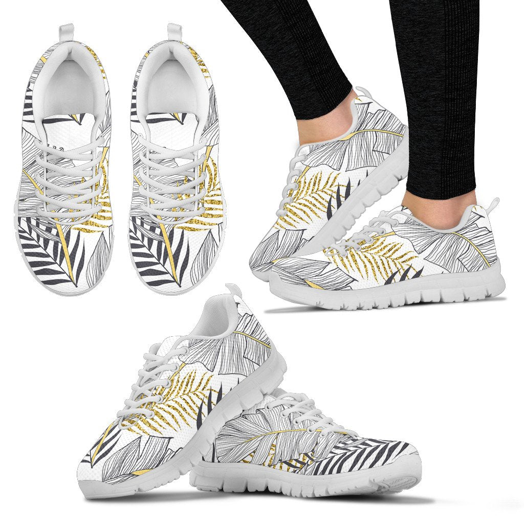 Gold Glitter Tropical Palm Leaves Women Sneakers Shoes