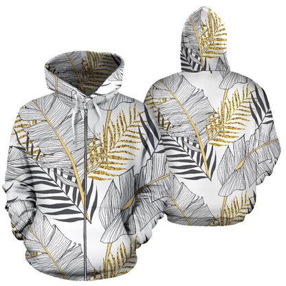 Gold Glitter Tropical Palm Leaves Zip Up Hoodie