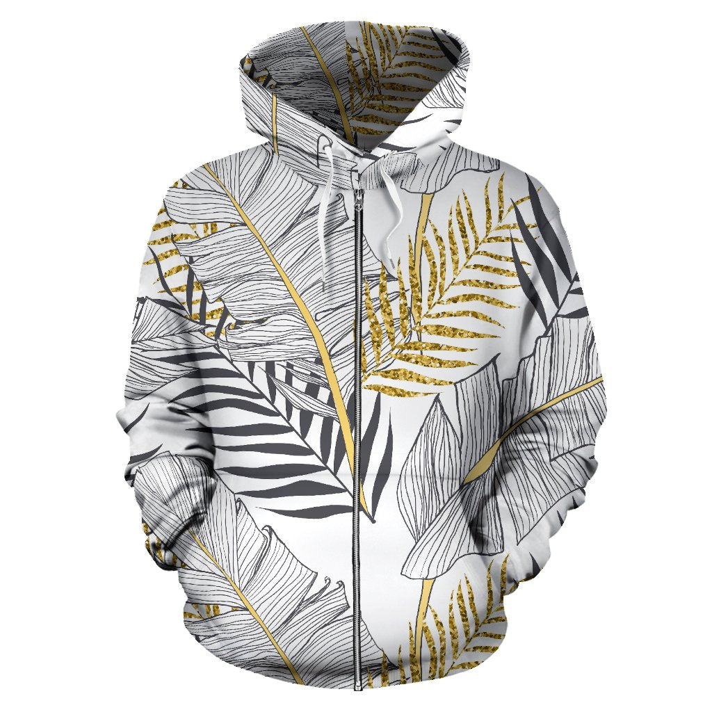 Gold Glitter Tropical Palm Leaves Zip Up Hoodie