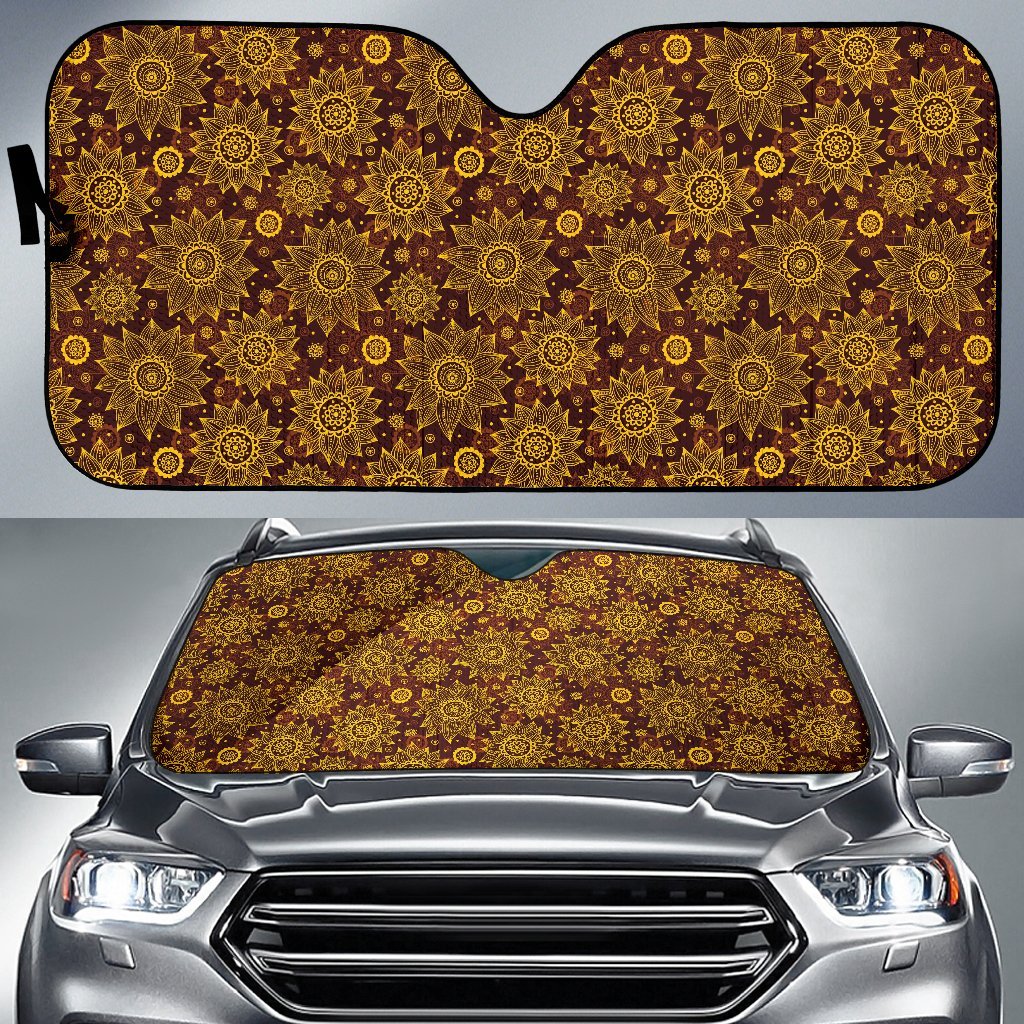 Gold Sunflower Hand Drawn Print Car Sun Shade For Windshield
