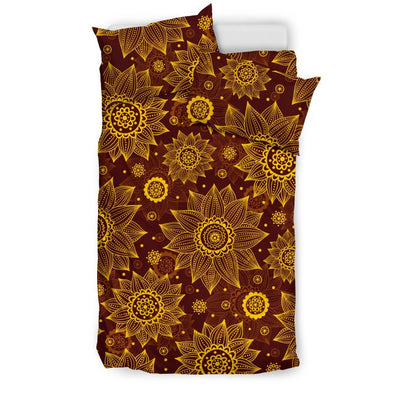 Gold Sunflower Hand Drawn Print Duvet Cover Bedding Set
