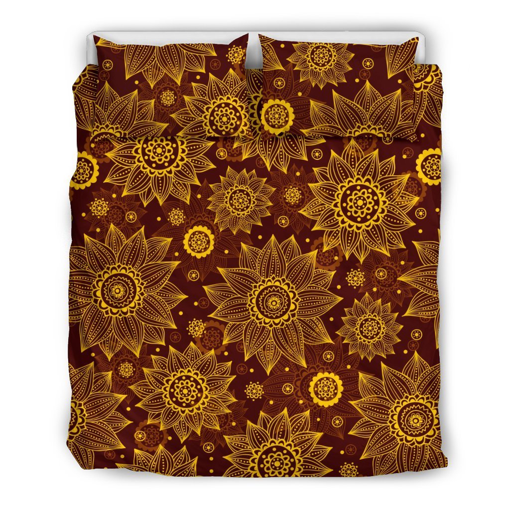 Gold Sunflower Hand Drawn Print Duvet Cover Bedding Set