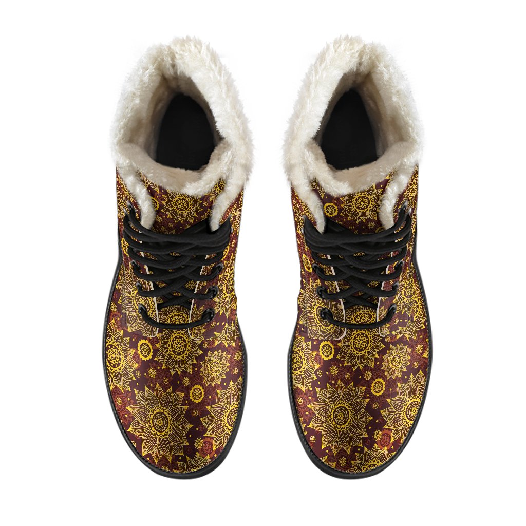 Gold Sunflower Hand Drawn Print Faux Fur Leather Boots-JTAMIGO.COM