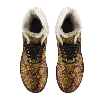 Gold Sunflower Hand Drawn Print Faux Fur Leather Boots-JTAMIGO.COM