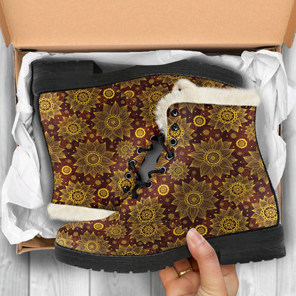 Gold Sunflower Hand Drawn Print Faux Fur Leather Boots-JTAMIGO.COM