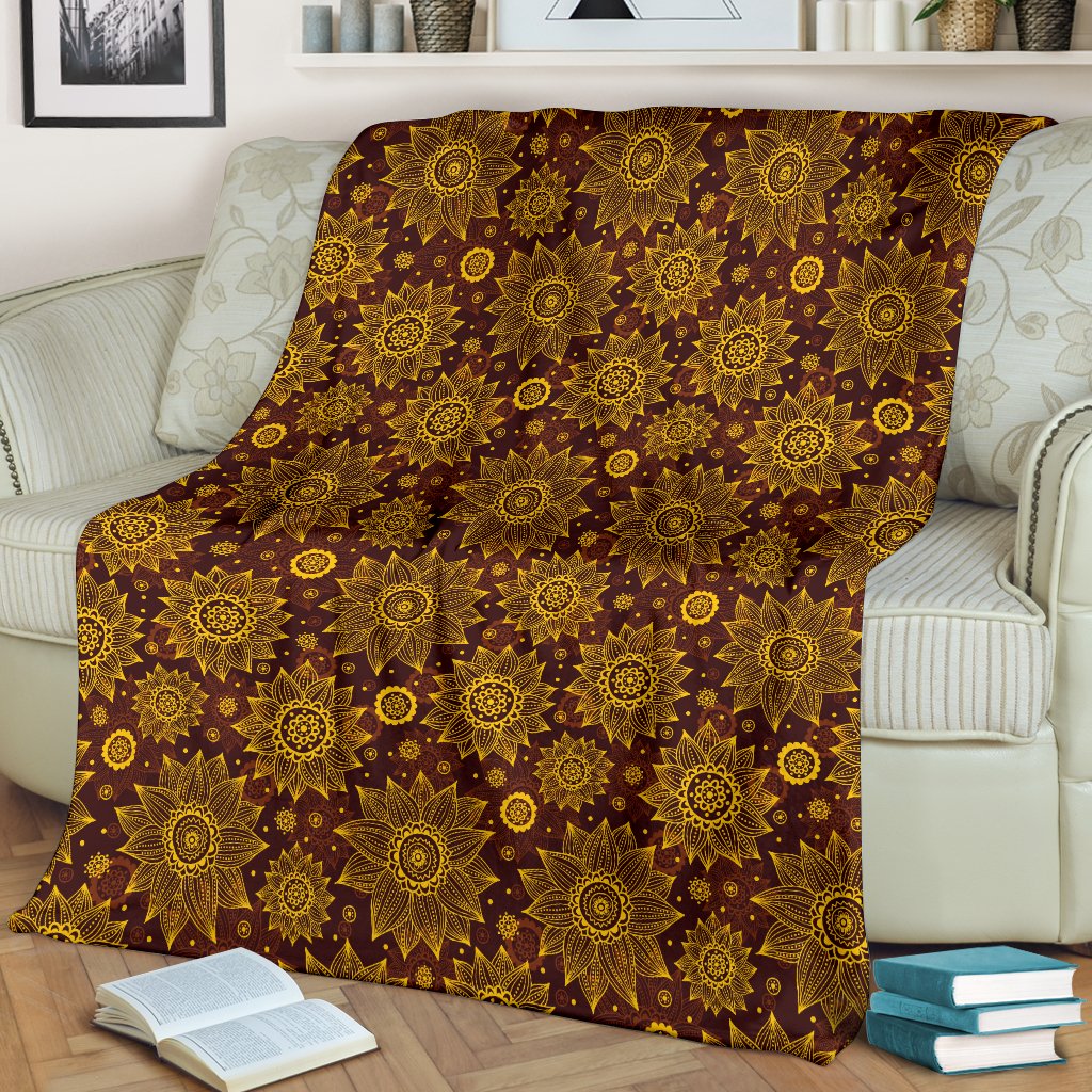 Gold Sunflower Hand Drawn Print Fleece Blanket