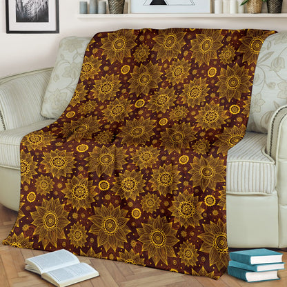 Gold Sunflower Hand Drawn Print Fleece Blanket