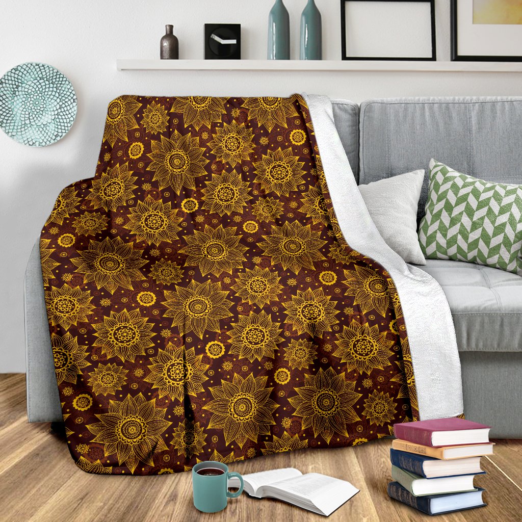 Gold Sunflower Hand Drawn Print Fleece Blanket