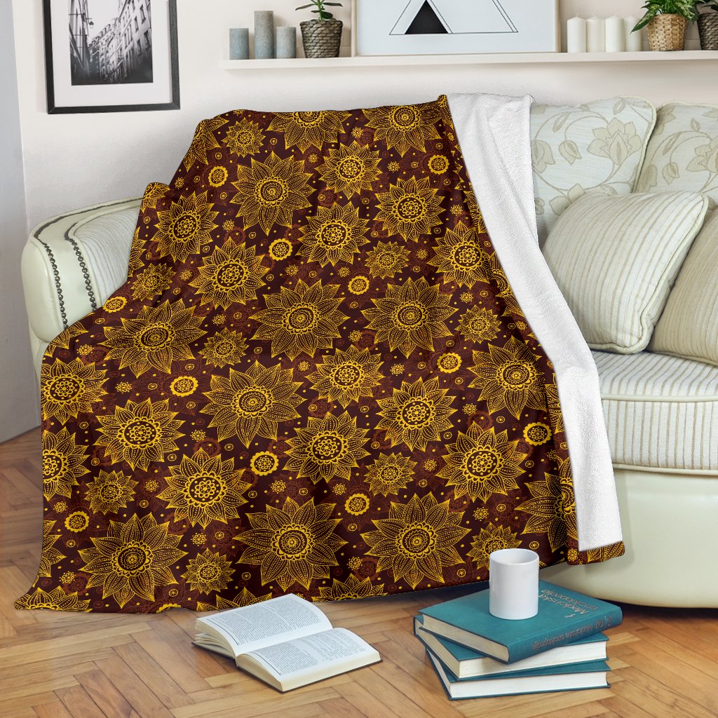 Gold Sunflower Hand Drawn Print Fleece Blanket
