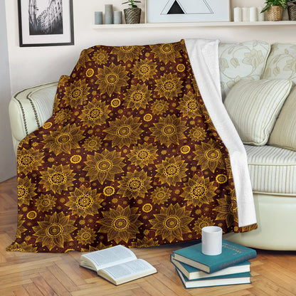 Gold Sunflower Hand Drawn Print Fleece Blanket