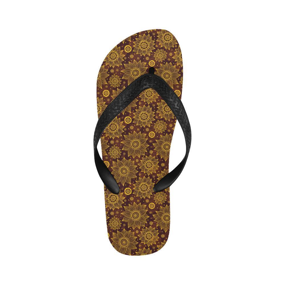 Gold Sunflower Hand Drawn Print Flip Flops-JTAMIGO.COM