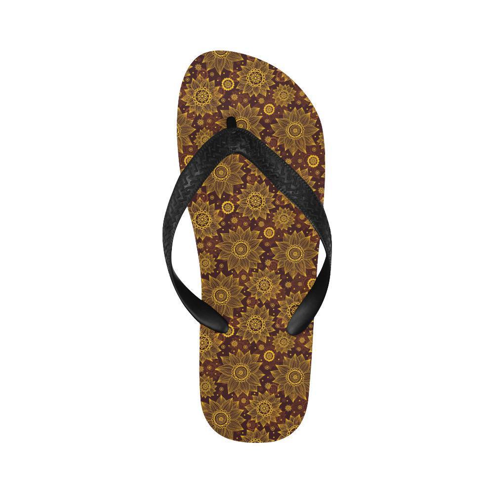 Gold Sunflower Hand Drawn Print Flip Flops-JTAMIGO.COM