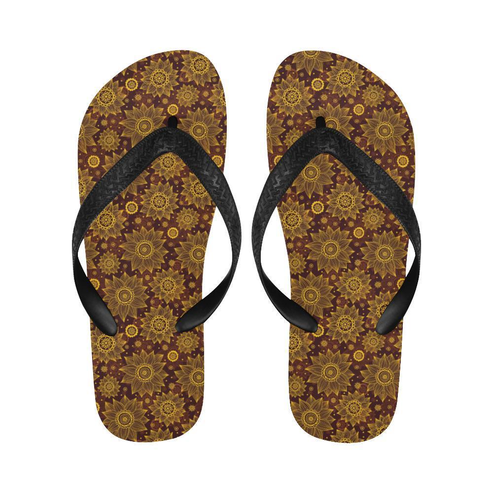 Gold Sunflower Hand Drawn Print Flip Flops-JTAMIGO.COM