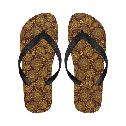 Gold Sunflower Hand Drawn Print Flip Flops-JTAMIGO.COM