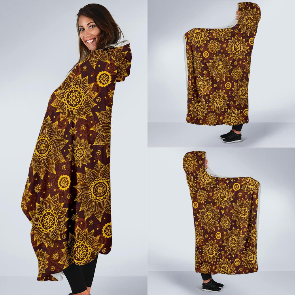 Gold Sunflower Hand Drawn Print Hooded Blanket-JTAMIGO.COM