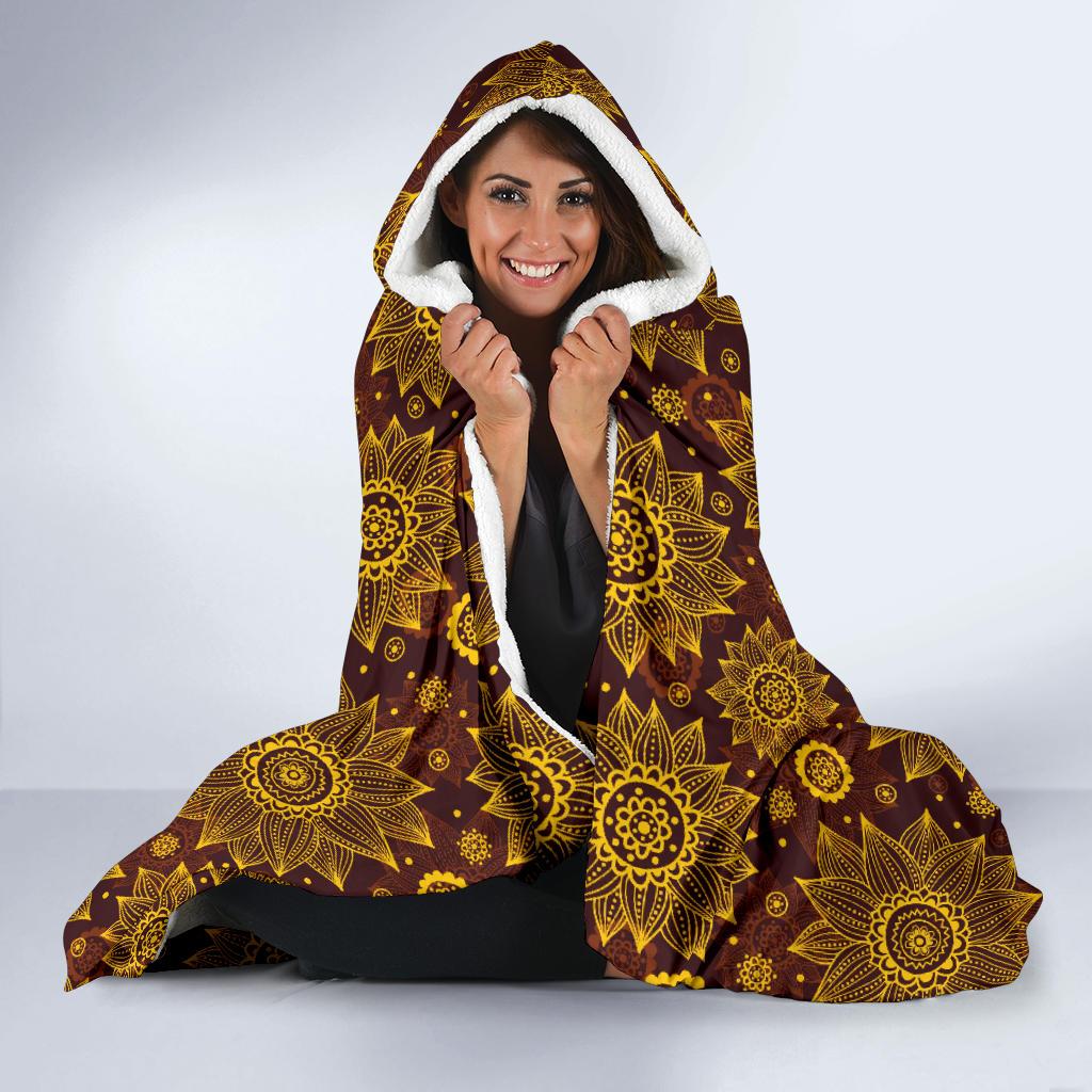 Gold Sunflower Hand Drawn Print Hooded Blanket-JTAMIGO.COM
