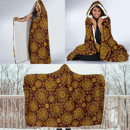 Gold Sunflower Hand Drawn Print Hooded Blanket-JTAMIGO.COM