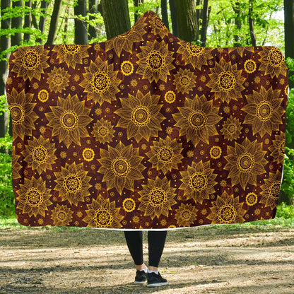Gold Sunflower Hand Drawn Print Hooded Blanket-JTAMIGO.COM
