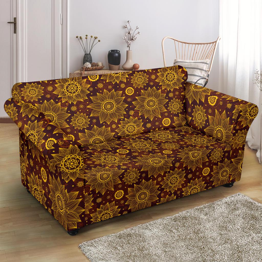 Gold Sunflower Hand Drawn Print Loveseat Slipcover-JTAMIGO.COM