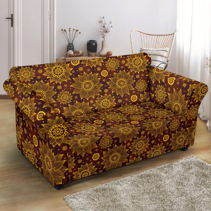Gold Sunflower Hand Drawn Print Loveseat Slipcover-JTAMIGO.COM