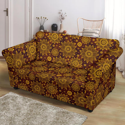 Gold Sunflower Hand Drawn Print Loveseat Slipcover-JTAMIGO.COM