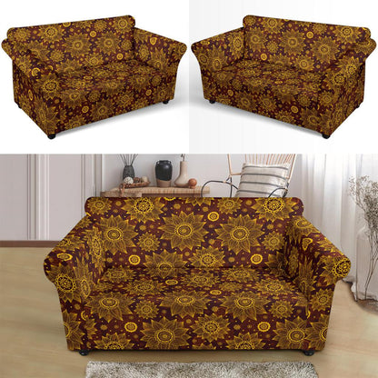 Gold Sunflower Hand Drawn Print Loveseat Slipcover-JTAMIGO.COM