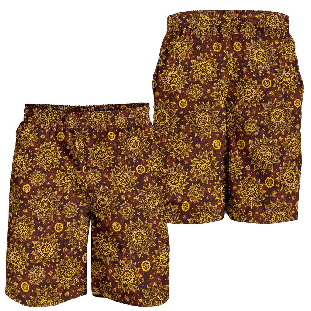 Gold Sunflower Hand Drawn Print Mens Shorts-JTAMIGO.COM