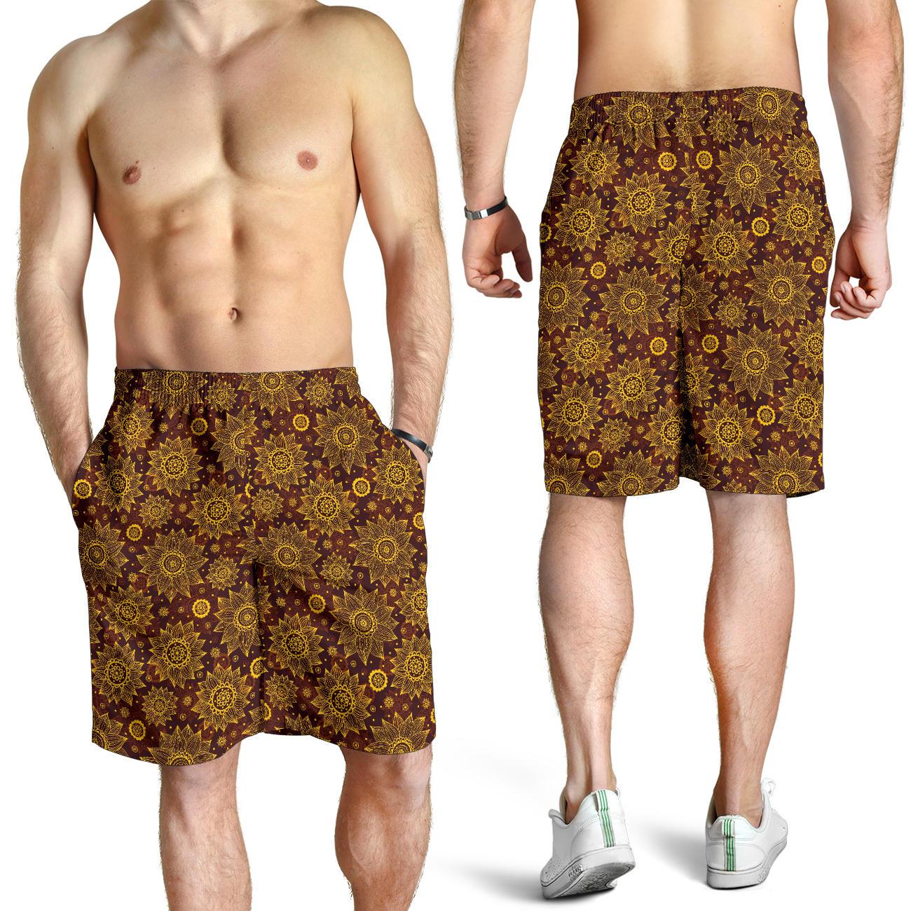 Gold Sunflower Hand Drawn Print Mens Shorts-JTAMIGO.COM