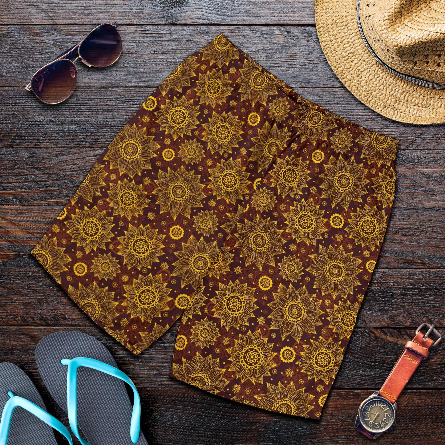Gold Sunflower Hand Drawn Print Mens Shorts-JTAMIGO.COM