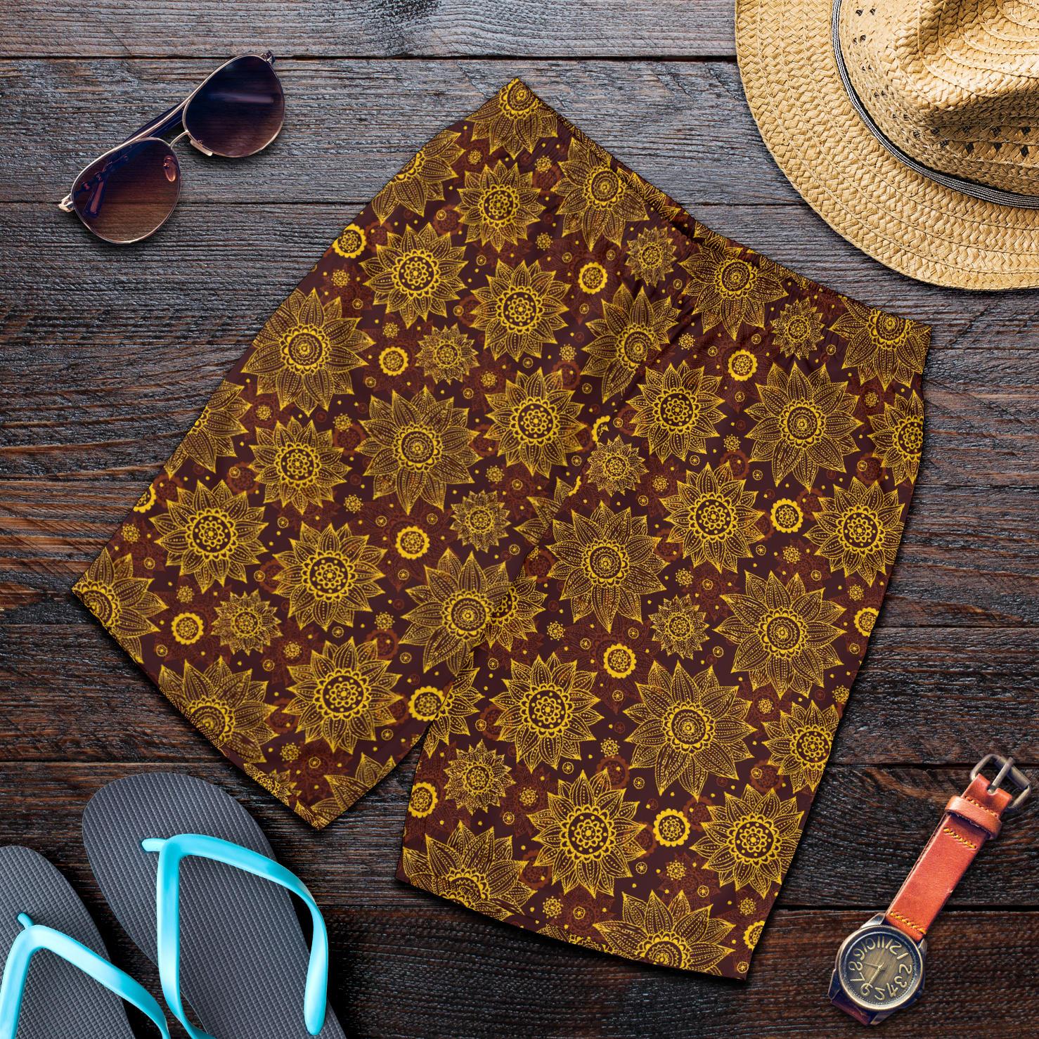 Gold Sunflower Hand Drawn Print Mens Shorts-JTAMIGO.COM