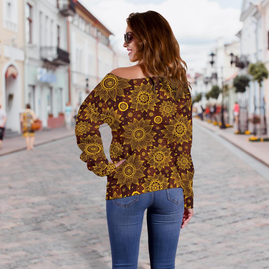 Gold Sunflower Hand Drawn Print Off Shoulder Sweatshirt