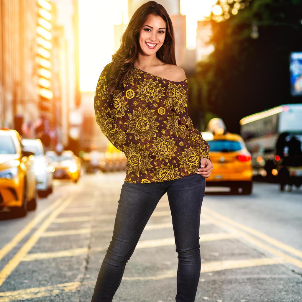 Gold Sunflower Hand Drawn Print Off Shoulder Sweatshirt