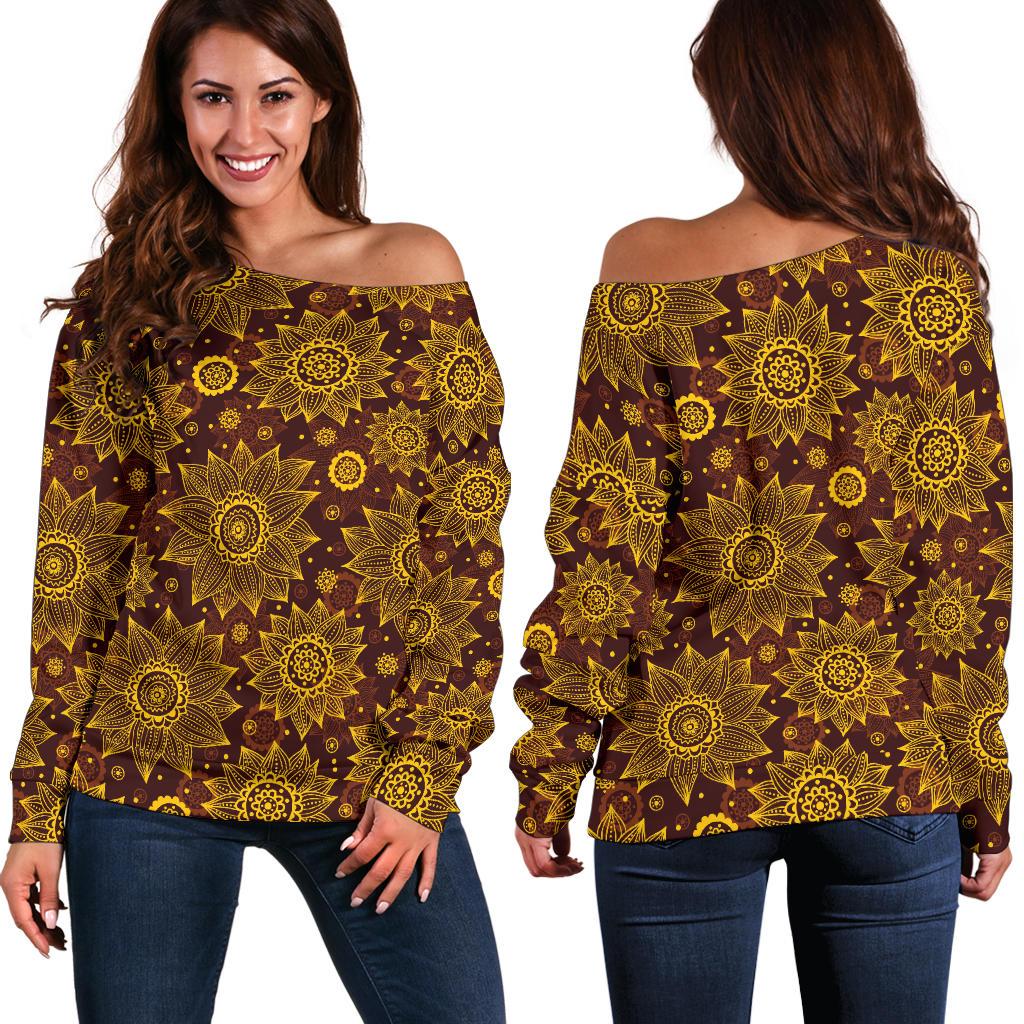 Gold Sunflower Hand Drawn Print Off Shoulder Sweatshirt