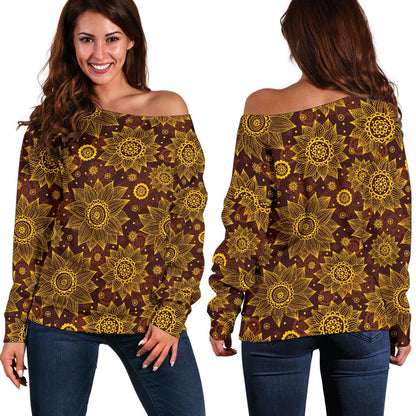 Gold Sunflower Hand Drawn Print Off Shoulder Sweatshirt