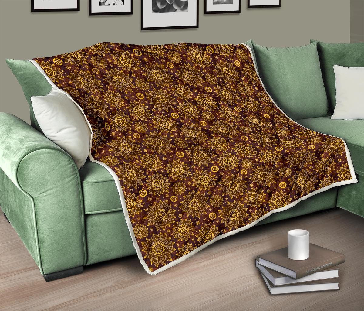 Gold Sunflower Hand Drawn Print Premium Quilt-JTAMIGO.COM