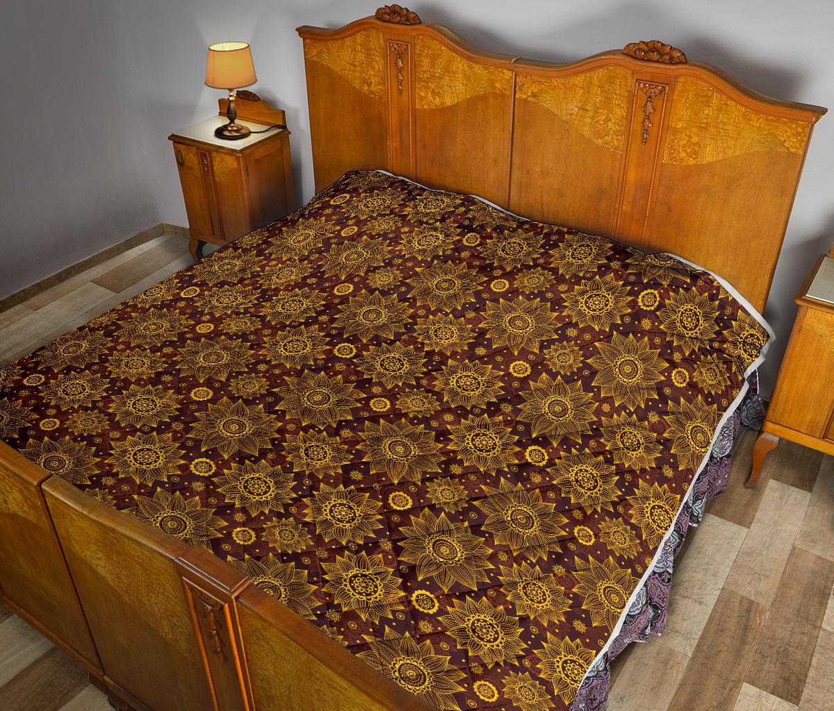 Gold Sunflower Hand Drawn Print Premium Quilt-JTAMIGO.COM