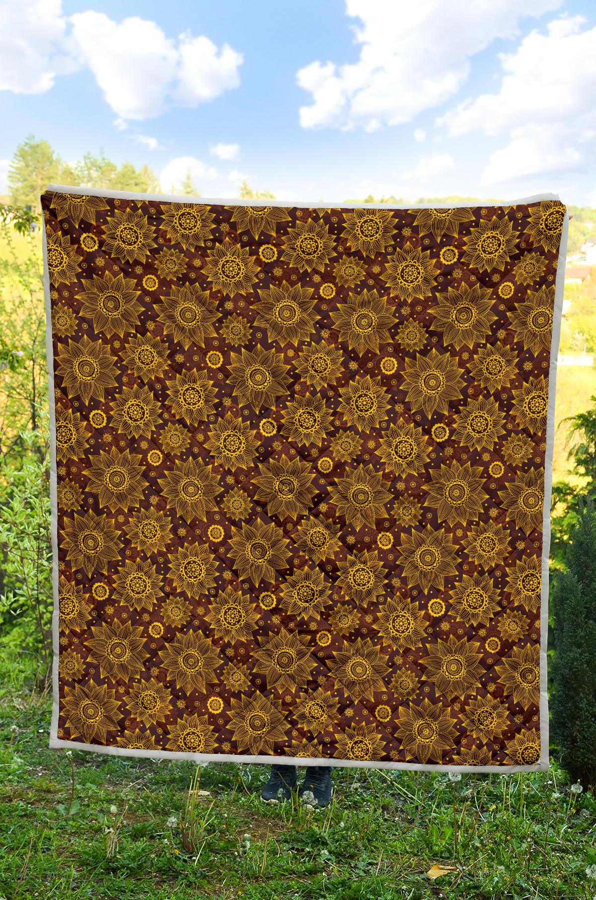 Gold Sunflower Hand Drawn Print Premium Quilt-JTAMIGO.COM