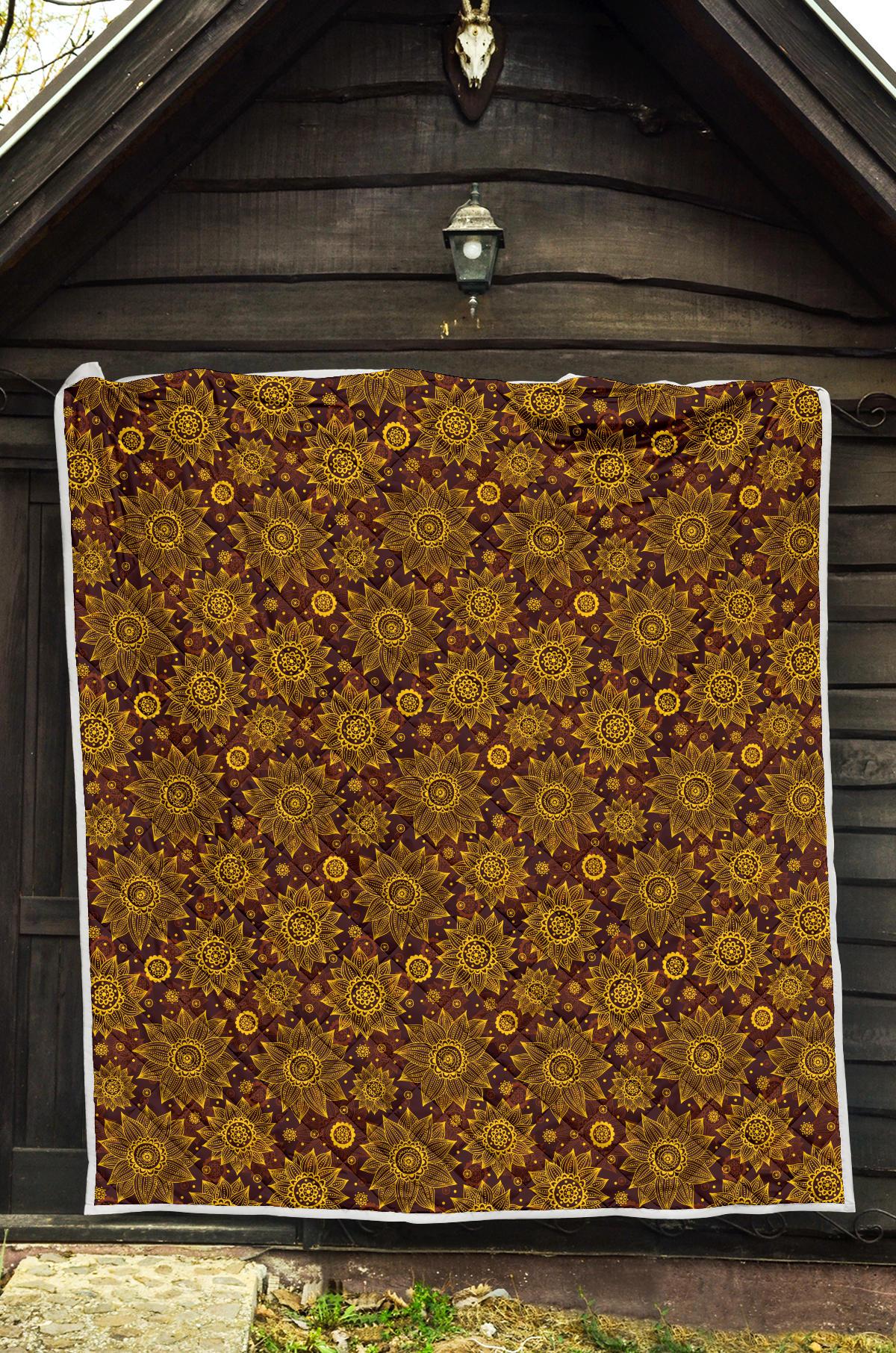 Gold Sunflower Hand Drawn Print Premium Quilt-JTAMIGO.COM