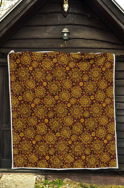 Gold Sunflower Hand Drawn Print Premium Quilt-JTAMIGO.COM