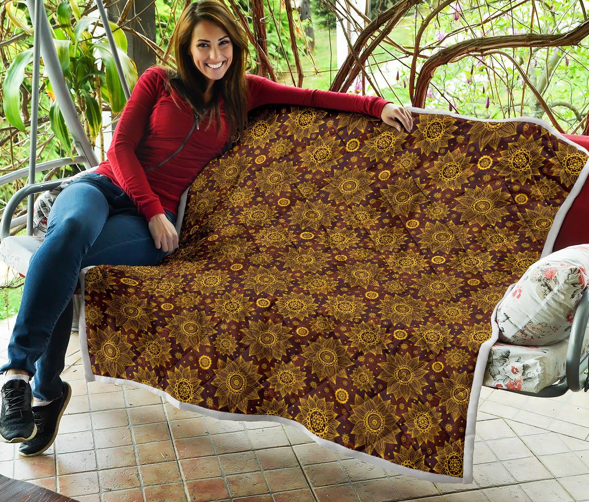 Gold Sunflower Hand Drawn Print Premium Quilt-JTAMIGO.COM