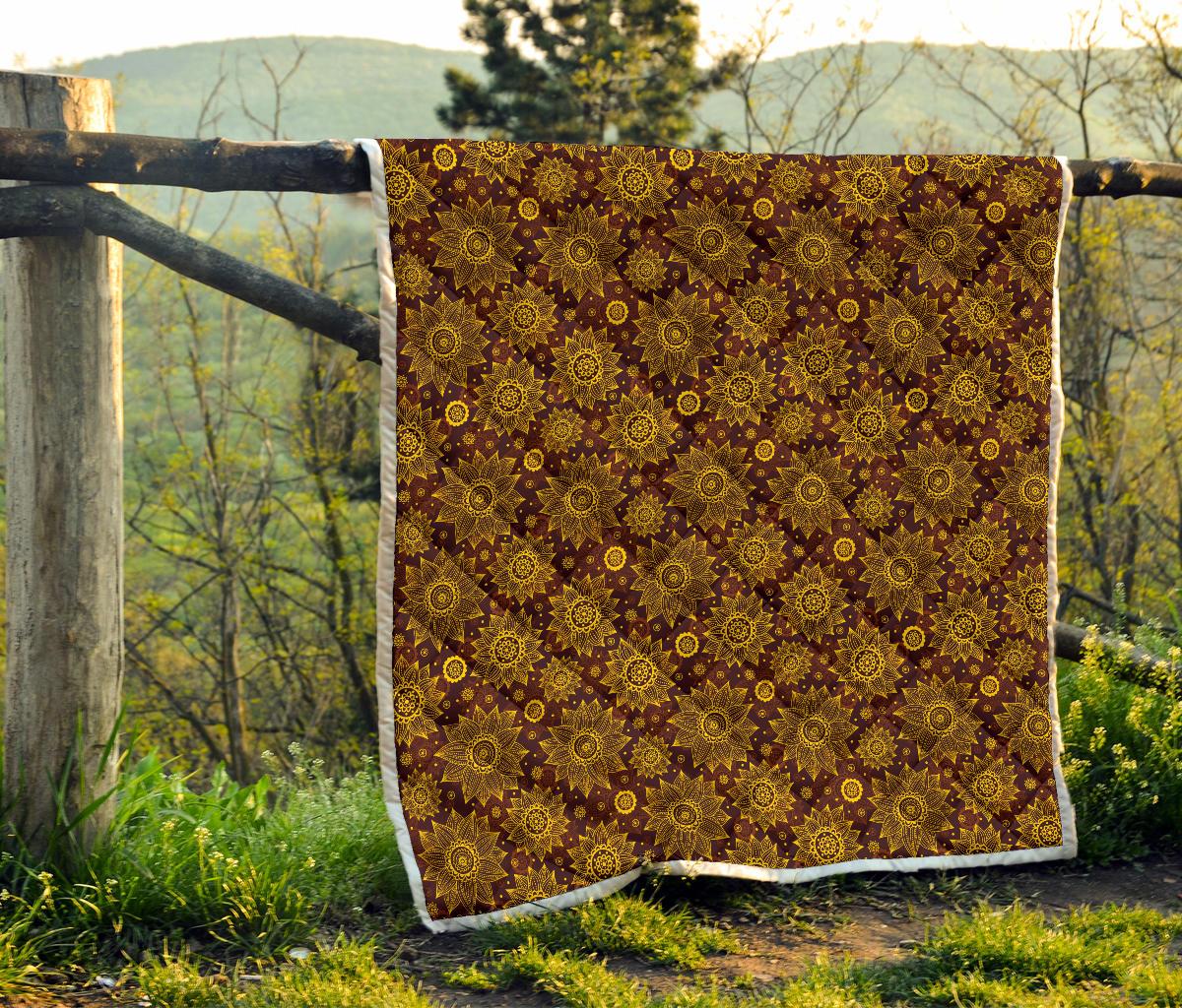 Gold Sunflower Hand Drawn Print Premium Quilt-JTAMIGO.COM