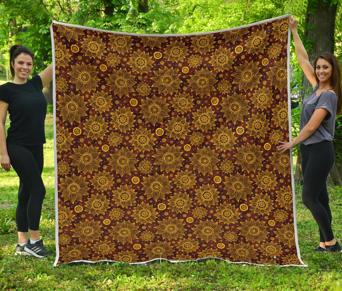 Gold Sunflower Hand Drawn Print Premium Quilt-JTAMIGO.COM