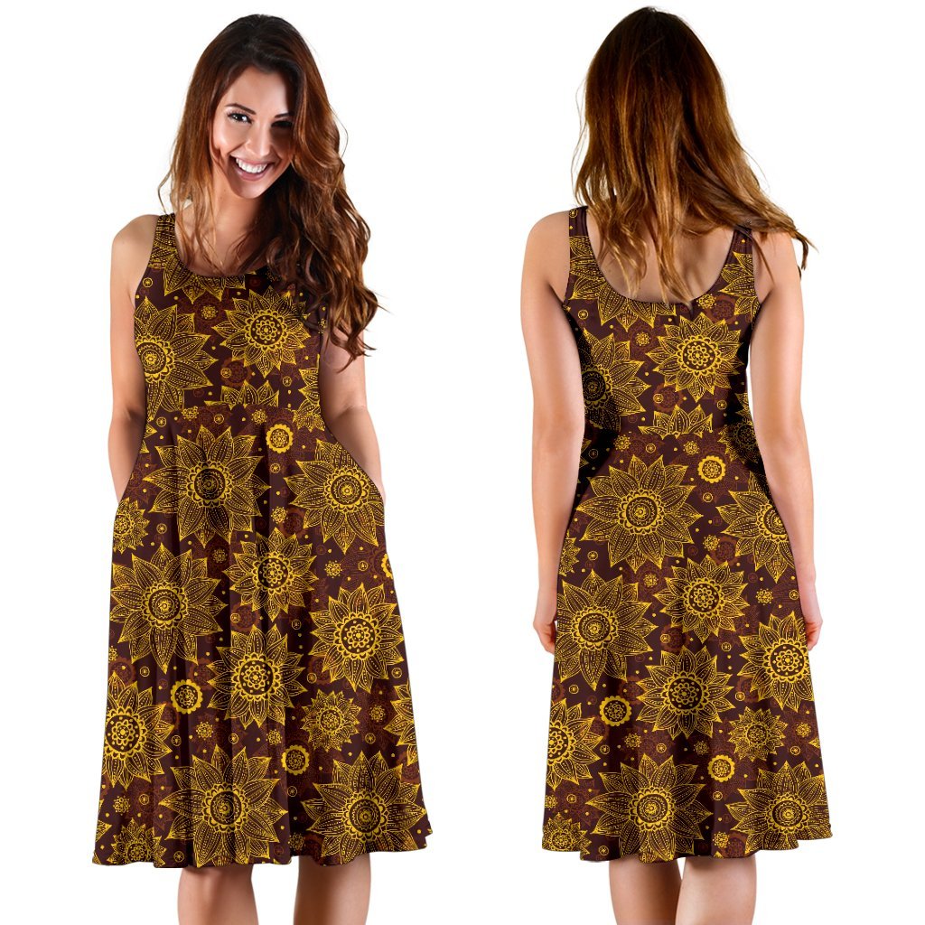 Gold Sunflower Hand Drawn Print Sleeveless Dress