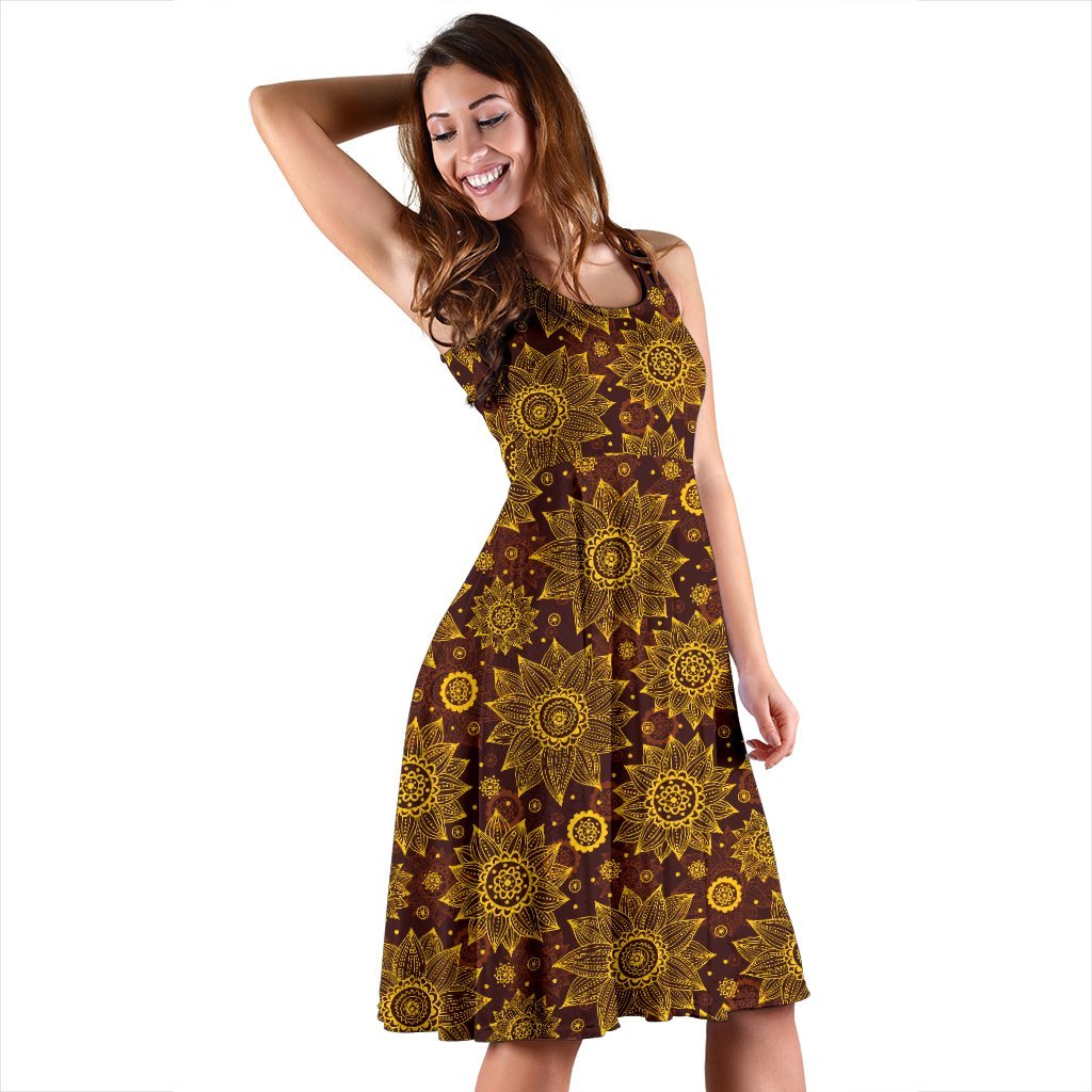 Gold Sunflower Hand Drawn Print Sleeveless Dress