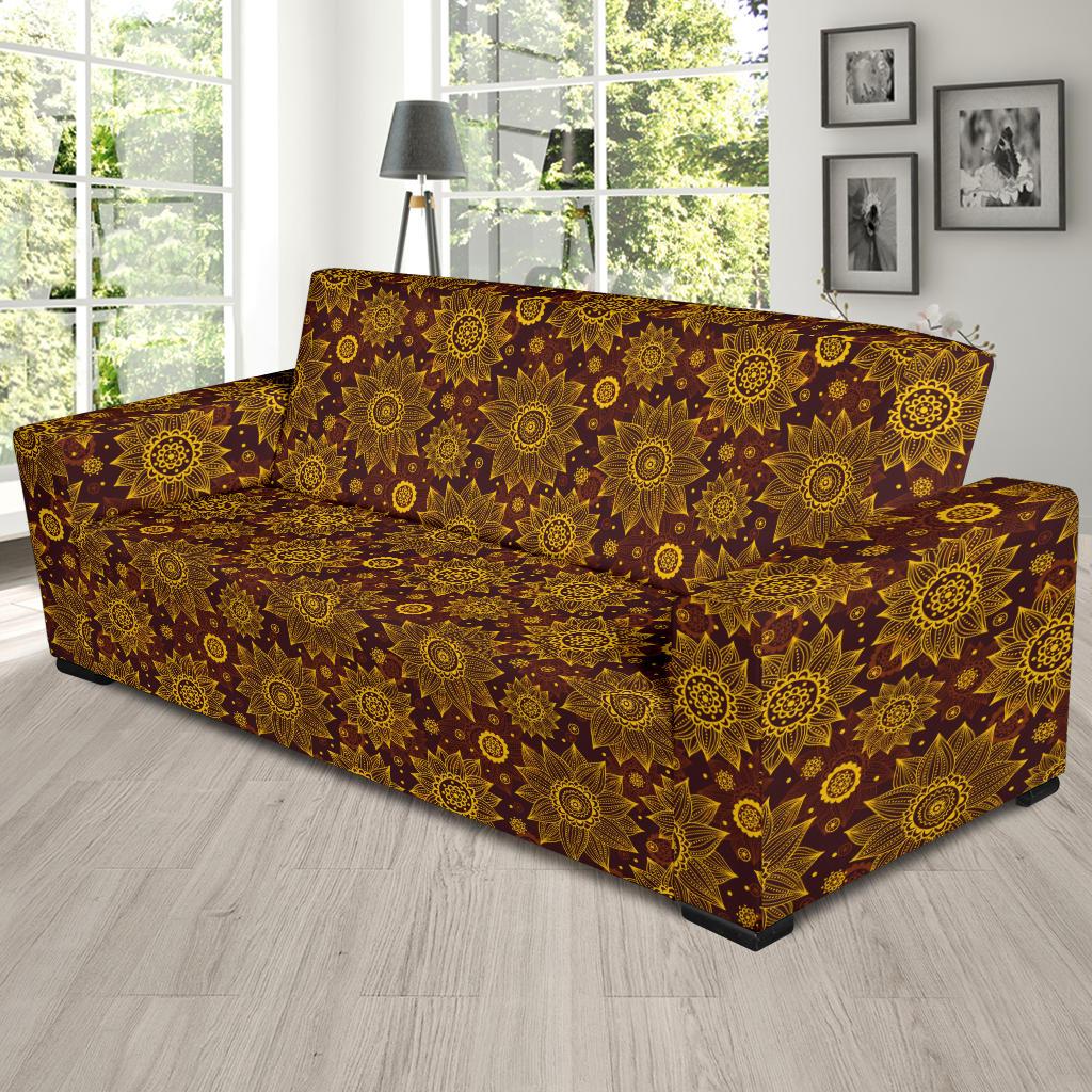 Gold Sunflower Hand Drawn Print Sofa Slipcover-JTAMIGO.COM