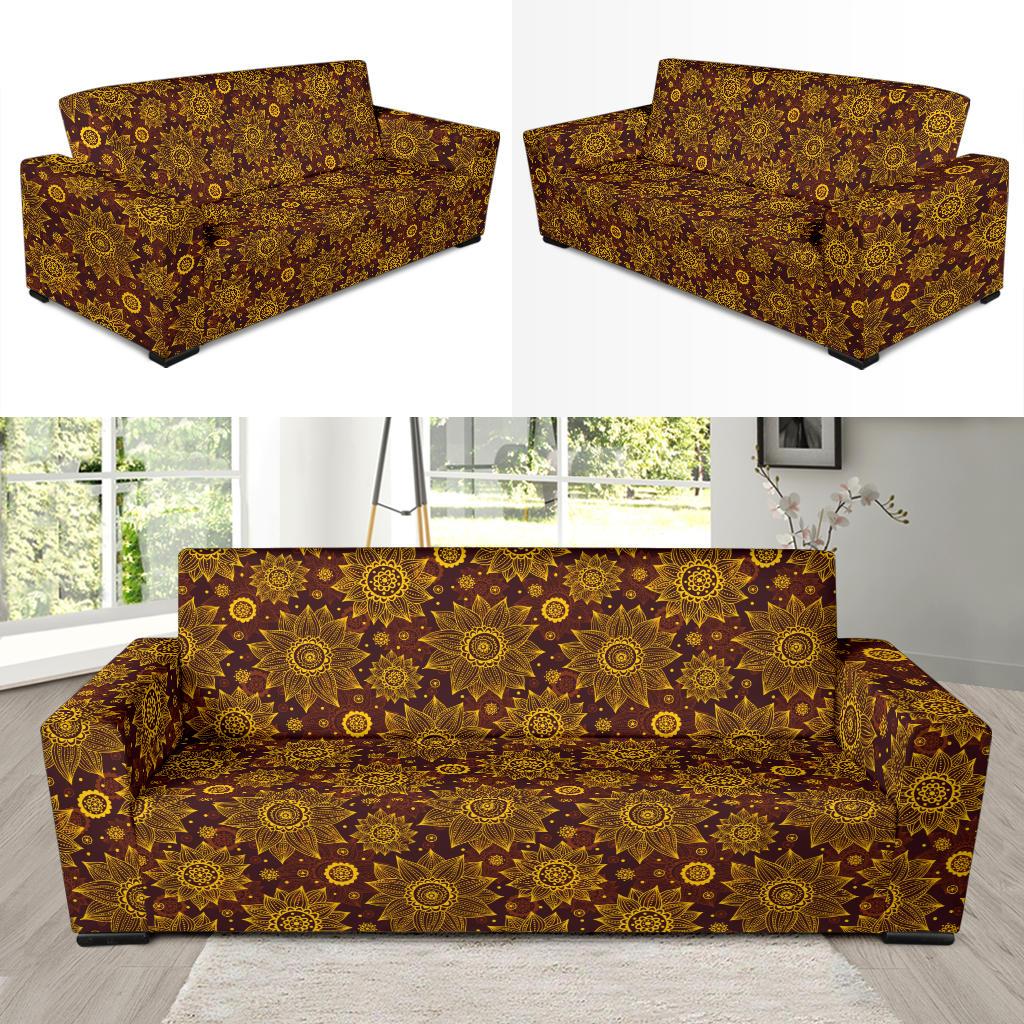 Gold Sunflower Hand Drawn Print Sofa Slipcover-JTAMIGO.COM