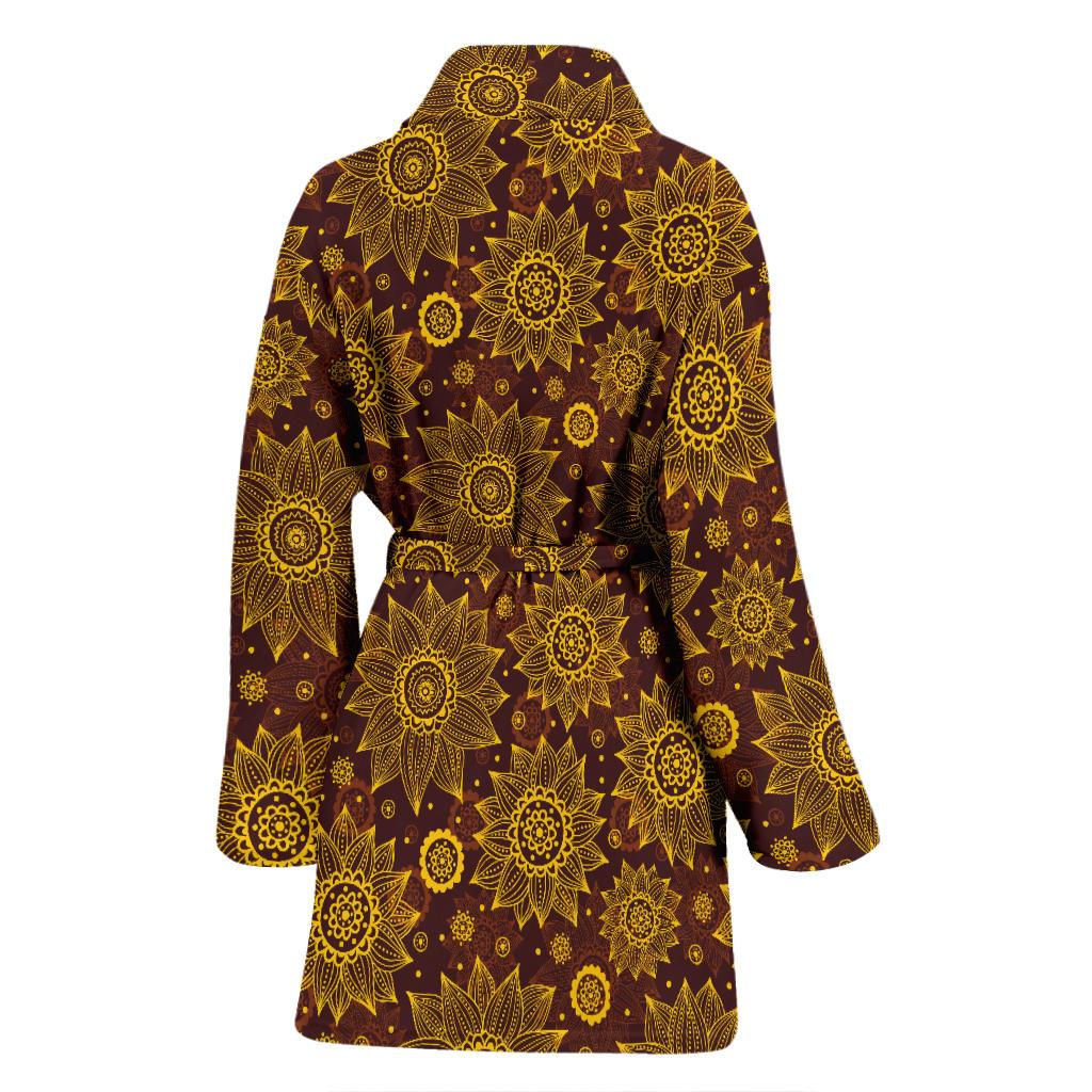 Gold Sunflower Hand Drawn Print Women Bath Robe-JTAMIGO.COM