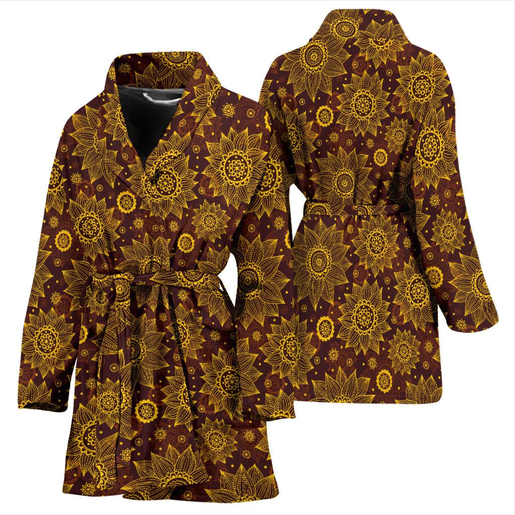 Gold Sunflower Hand Drawn Print Women Bath Robe-JTAMIGO.COM