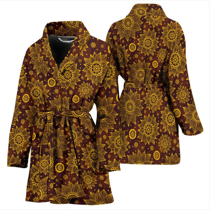 Gold Sunflower Hand Drawn Print Women Bath Robe-JTAMIGO.COM