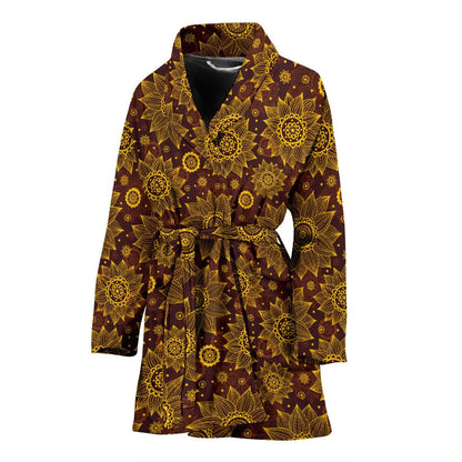 Gold Sunflower Hand Drawn Print Women Bath Robe-JTAMIGO.COM